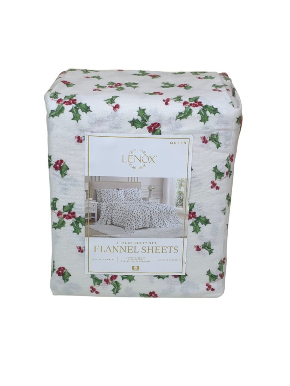 Lenox 6-Piece Queen Flannel Sheet Set With Holly Print 100% Cotton Cozy